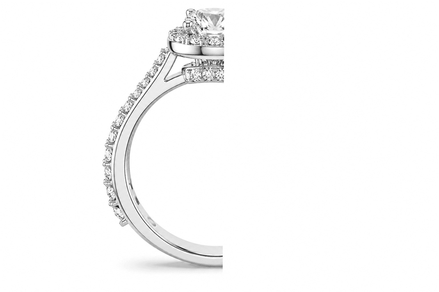 Bespoke diamond halo engagement ring in profile
