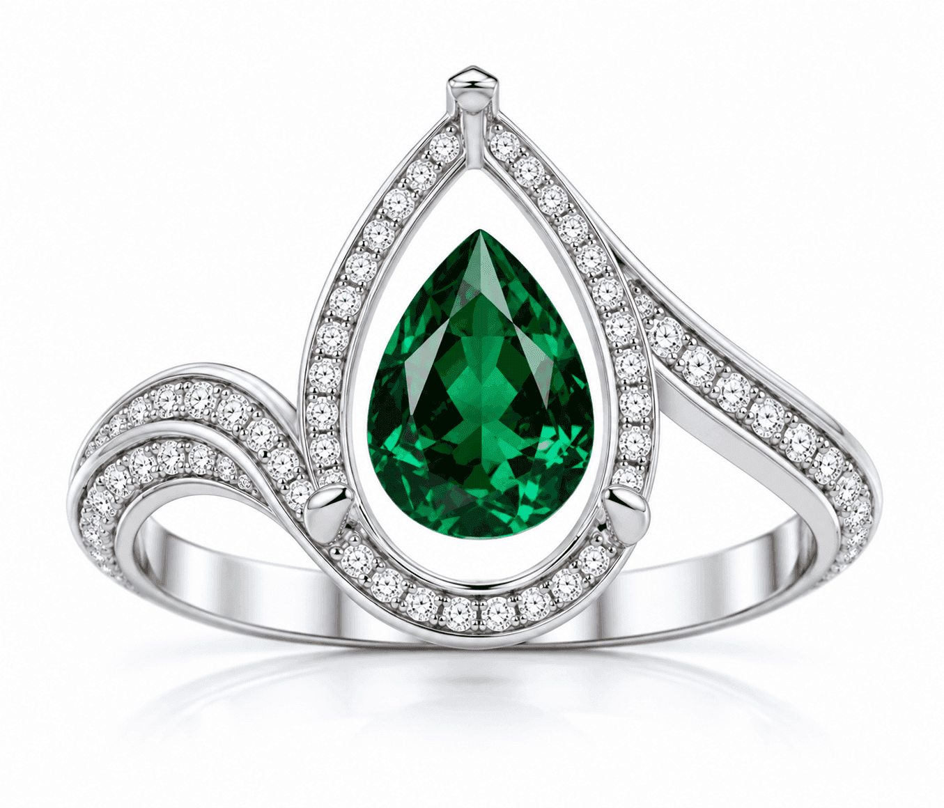 Pear-shaped emerald diamond halo ring