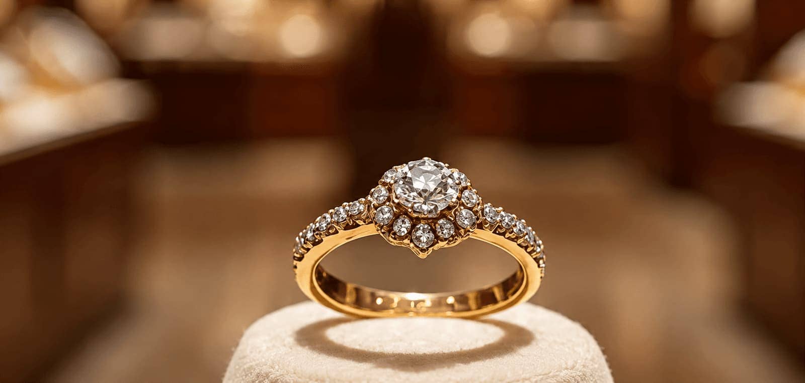Diamond halo engagement ring on display