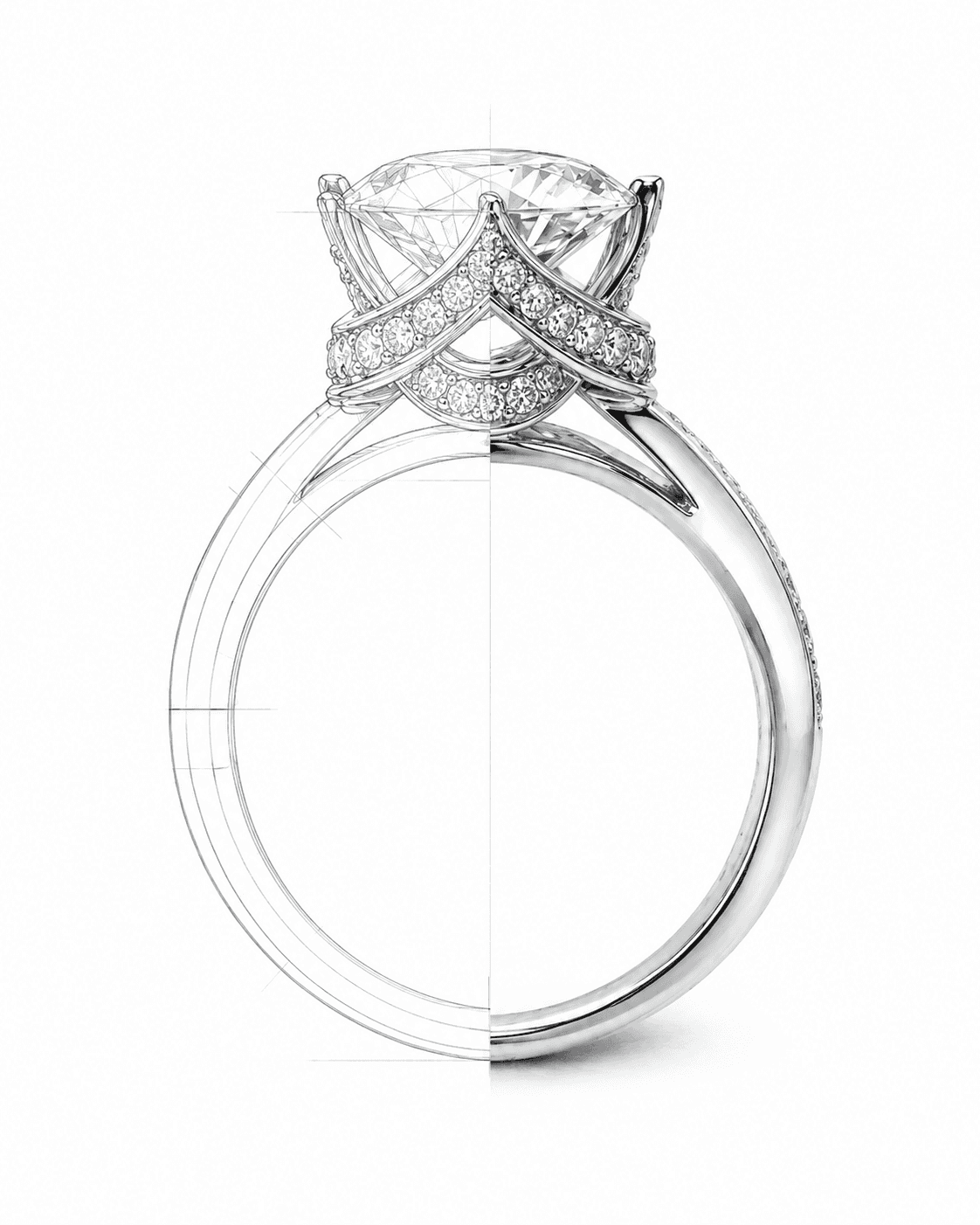 Diamond ring shown as design sketch and finished piece