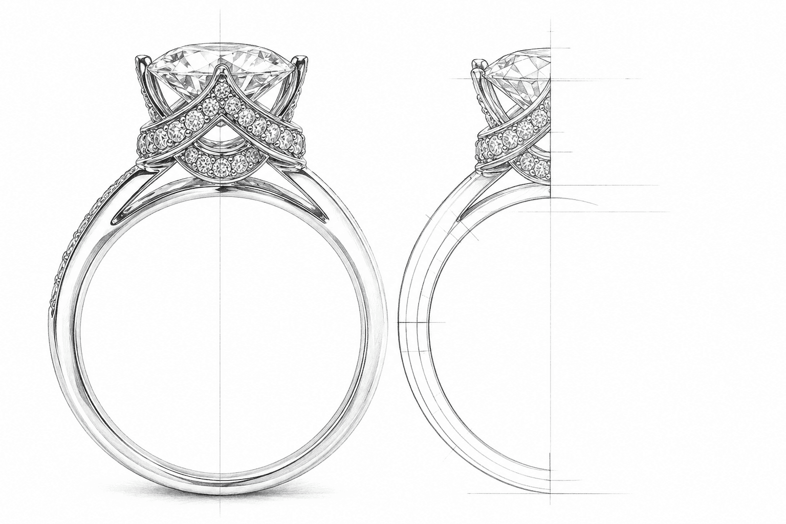 Diamond ring shown as finished piece and design sketch