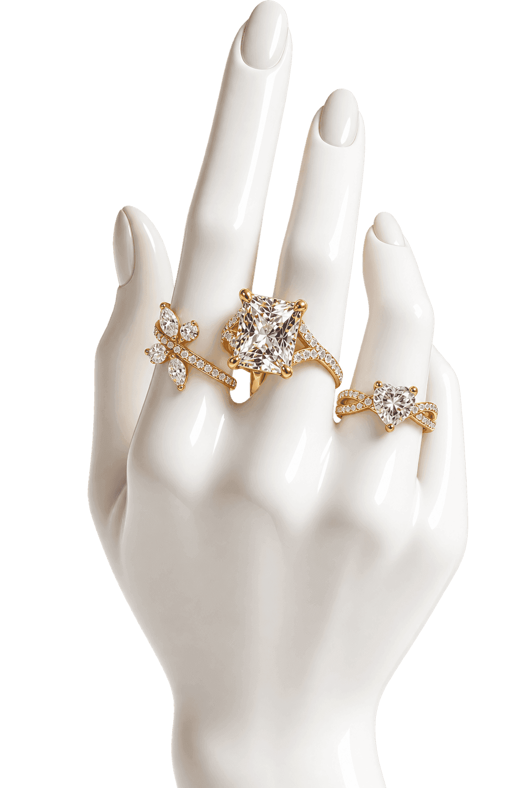 Mannequin hand wearing three diamond engagement rings