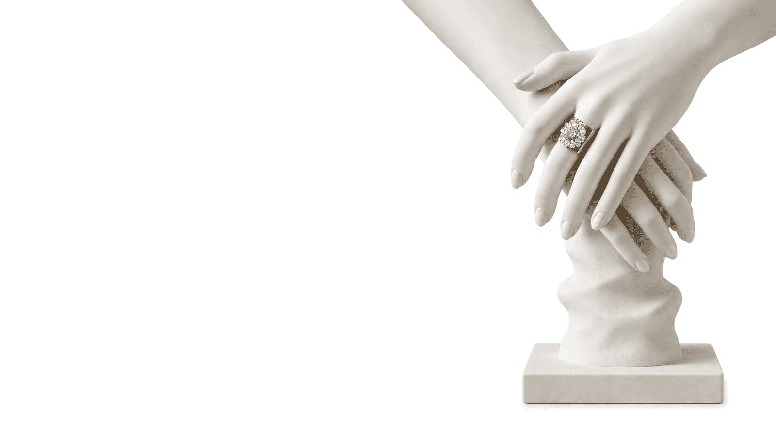 Sculpted hands wearing a floral diamond cluster gold ring